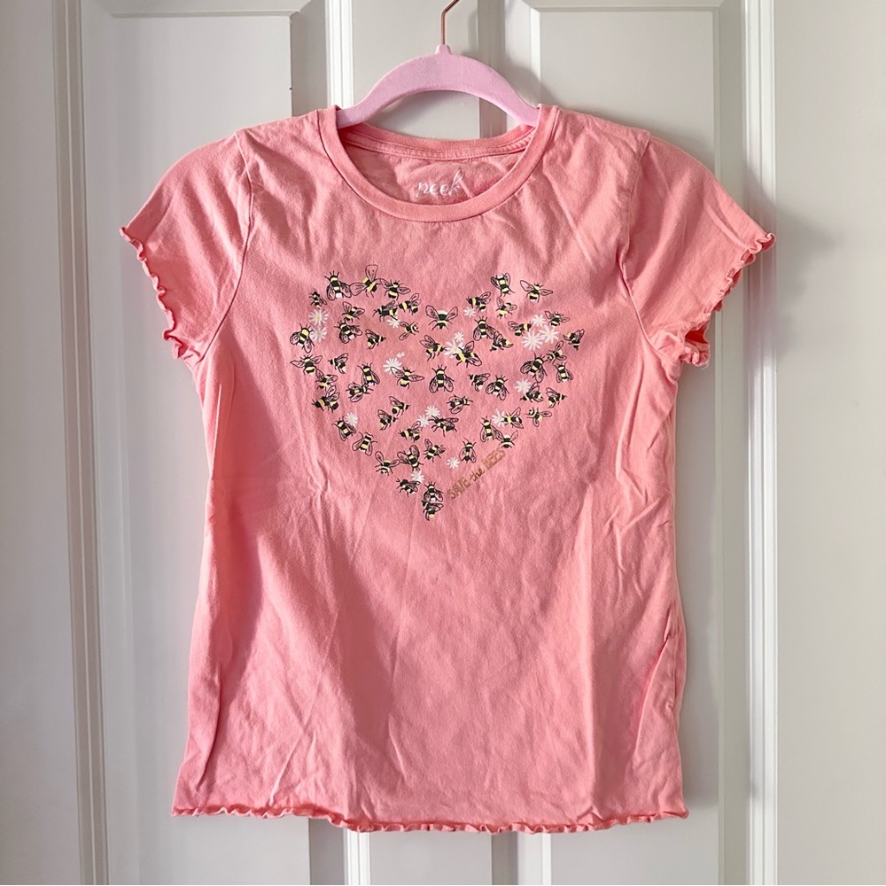 Peek Pink Floral Heart Save the Bees Girls Scalloped Crewneck T-Shirt